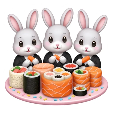 four cute bunny rabbits eating sushi at a birthday party, pastel colors, kawaii, confetti, birthday cake, emoji style sticker