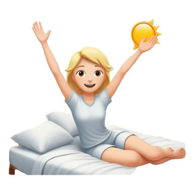 person waking up in bed, stretching with sunlight coming through the window, cheerful and fresh sticker