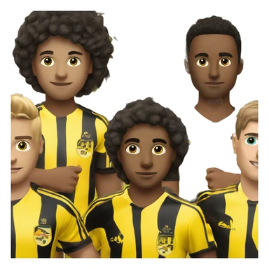 5 people that wears a black yellow football kit with yellow shorts, the kit is look like an art and there is an potato image on the left up on the kit sticker