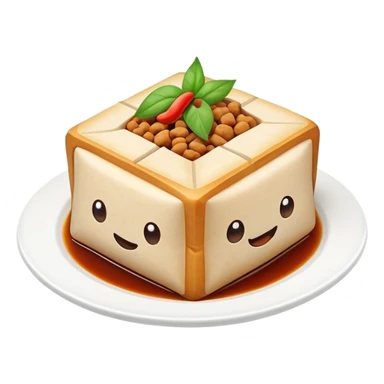 Hakka Stuffed Tofu with five spiced meat filling, simplified emoji style with bold outlines and bright colors, cartoon style unique triangular stuffed bean curd sticker