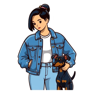 girl wearing denim jacket holding a Doberman sticker