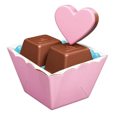 Two square milk chocolate pralines , sharp-edged glossy cubes placed diagonally side by side, each sitting in a small white fluted paper candy cup.
Flat thin pastel pink heart icing centered on top with fine sugar crystal sparkle, clean studio product lighting,  sticker