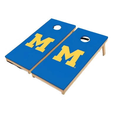Cornhole board blue and yellow with Michigan “M” With a yellow cornhole bag sticker