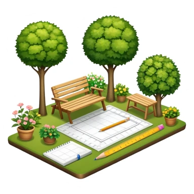 Icon for Landscape Design: a garden layout with trees, plants, pathways, and outdoor furniture, along with design tools like a ruler, pencil and sketchpad. The icon should represent the creativity and planning behind landscape design. Transparent background. sticker