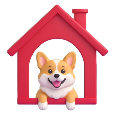 red dog house with a Corgi dog peeking out, 3D emoji style sticker