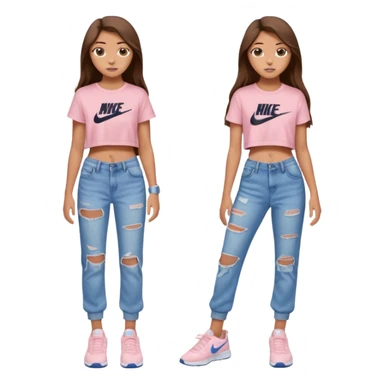preppy teenage girl, tan, less blonde highlights, brown long hair, long eyelashes, beach aesthetic, wearing cute clothes, wearing ripped blue long baggy jeans with a light pink sexy crop top, wearing Nike shoes, very sexy, very long eyelashes, very pretty sticker