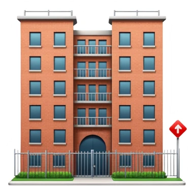 9-story apartment building surrounded by fence, closed courtyard, minimal flat vector icon sticker