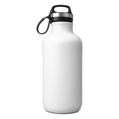 white water bottle with a rounded white lid,It has a flexible white handle strap that is secured by stainless steel attachments on both sides of the lid base, allowing the handle to arch upward over the top for easy carrying. sticker