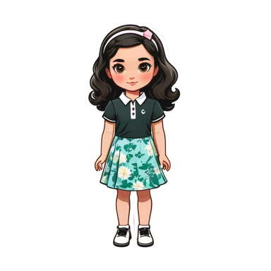  one  girl with short straight black hair and pale skin with golf clothes on, one American girl with long curly dirty blond hair and a floral dress on.   sticker