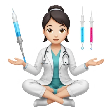 emoji of an asian woman with a single bun in a white lab coat sitting cross legged with micropipettes levitating in an arc around her head, the tips should be pointing away from her and she should not be wearing a steth escope sticker