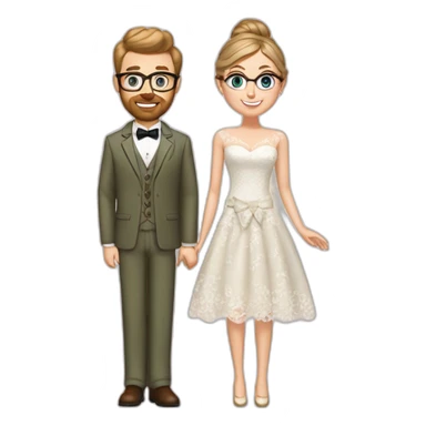 Bride has blue eyes, brown hair in a bun, wears a lace dress. Groom has blue eyes, blond hair, wears gold glasses, wears an olive green suit with a brown vest and a bow tie. sticker