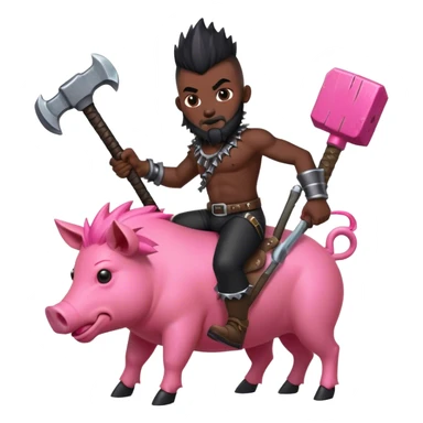 an african man with a black mohawk (not spiky) and a beard, the man has a big hammer weapon and rides a pink hog sticker