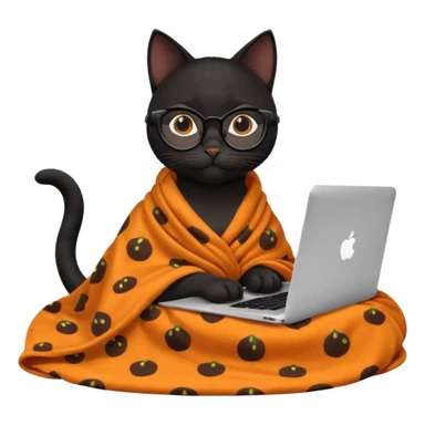 A black female cat working on a MacBook, with long, black straight lashes, round glasses and she wears a blanket with an orange fruit pattern sticker