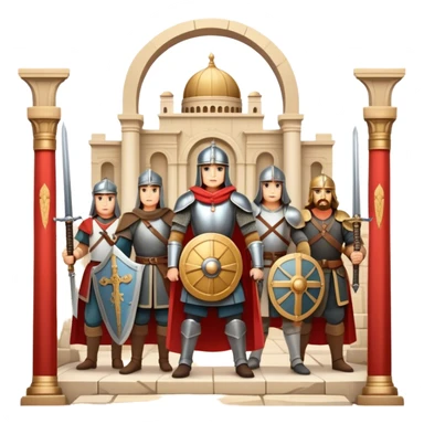 Icon for Historical Movies: A vintage movie poster-style design with elements of ancient architecture, historical figures in period costumes, and a backdrop of a historical event or battle. Include scrolls, swords, and shields. Retro cinematic feel. Transparent background. sticker