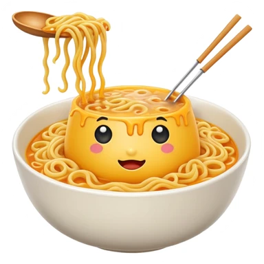 buldak cheese instant noodle emoji, yellow noodles in a bowl, cheese on top, cute and expressive sticker