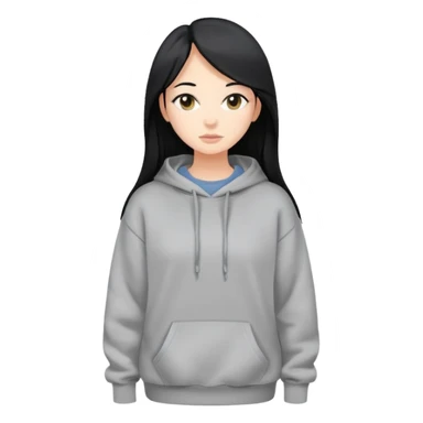 full-body female avatar, flat vector, long black hair, oversized sweatshirt, neutral background sticker