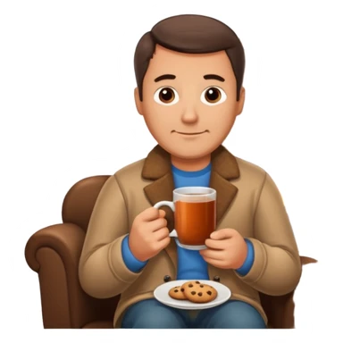 Cozy handsome 45 year old man sitting next to a nice fireplace with a hot apple cider, book, and plate of chocolate cookies. sticker