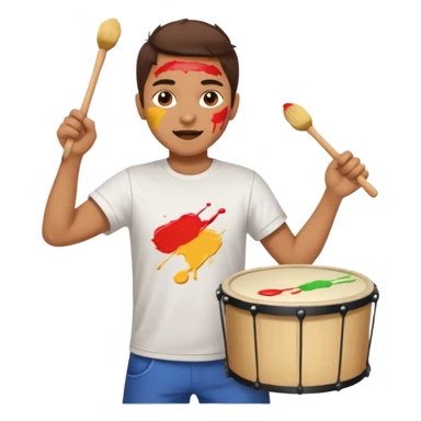 A loud fan, simple tee shirt with paint on his cheeks with a marching drum, beating it with enthusiasm sticker