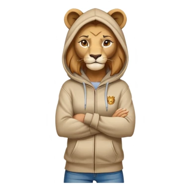 determined anthropomorphised female lion in a hoodie and jeans with arms folded, confident stance sticker
