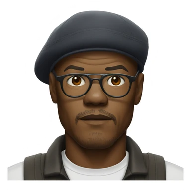 bald samuel l jackson serious wearing shirt and backwards Kangol sticker