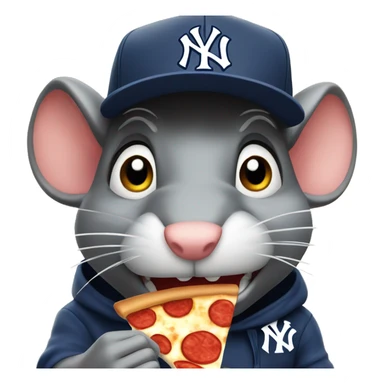 close up of angry rat eating a pizza while wearing New York yankee cap sticker