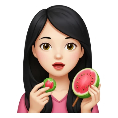 A girl with long black hair holding a piece of guava hard candy and pretending to eat it sticker