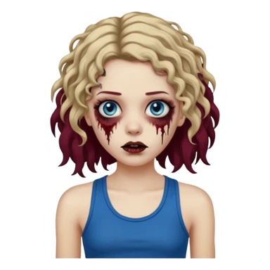 Crie um emoji de uma garota zumbi, como esta: "🧟‍♀️'. Porém invés da camiseta, uma regata fina e de cor preta, os cabelos loiros escuros na altura do ombro e picotado, liso na raiz e cacheado nas pontas, com mechas azuis nas mechas da frente e a parte de trás pintada de vermelho vinho sticker