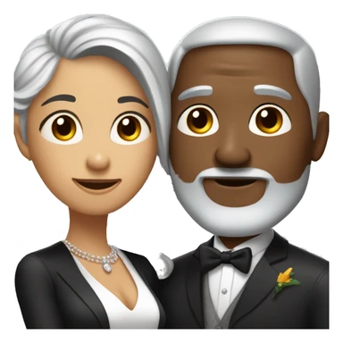 A white grey haired man with a goatee has just married, with a black woman with black hair and a brown complexion. They have a lot of money. they are hugged sticker