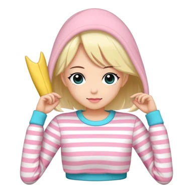 En anime-jente med to rosa lange tykke fletter og cyan striper i håret, ku-horn og ku-ører, sort BH-topp over en gul cropped-fleece-blouse sticker