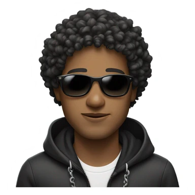 Curly haired man wearing a black hoodie, necklace chain, black sunglasses sticker