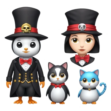 Penguin Wizard, pirata, gato con sombrero y pajarita y mujer con cuerpo de robot sticker