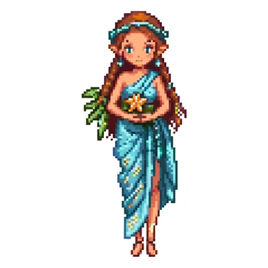 elf female Sarong with bioluminescent embroidery, armful of starfish, hair in a braid with pearl pins sticker