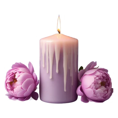 A vintage-inspired lilac candle with melted wax drips, surrounded by a bouquet of pastel peonies. sticker