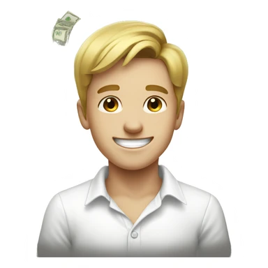 smiling boy in white shirt with money sticker