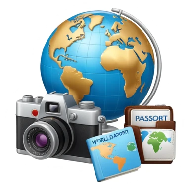 Globe with passport and camera, world travel sticker
