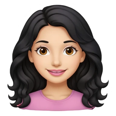 a woman is smile, her hair is long wavy and the color is black, her eyes color are brown and the color of her lip is soft pink sticker