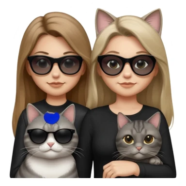 white woman with long past-shoulder light brown ombre hair, wearing black clothes and very opaque black sunglasses, smirking and looking cool, next to a single chubby grey tabby cat with very opaque black sunglasses, also smirking and looking cool sticker