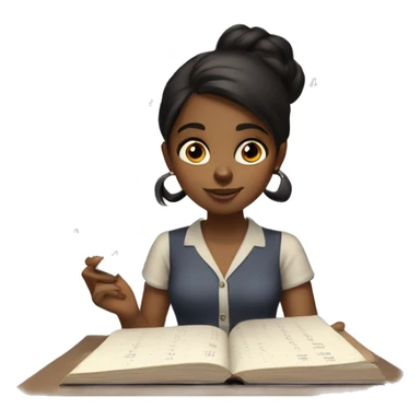Black-haired brown girl doing statistic math, smart looking, with a book and calculator in front of her. Math and numbers spinning around her head like shes thinking sticker