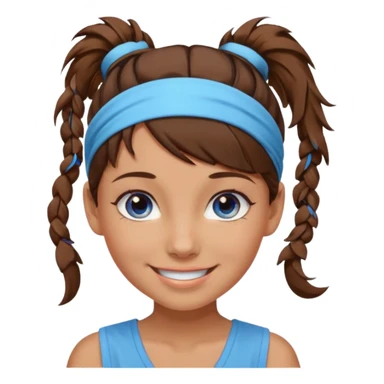 A girl with a messy ponytail, she’s tanned blue eyes and brown hair with a headband on sticker