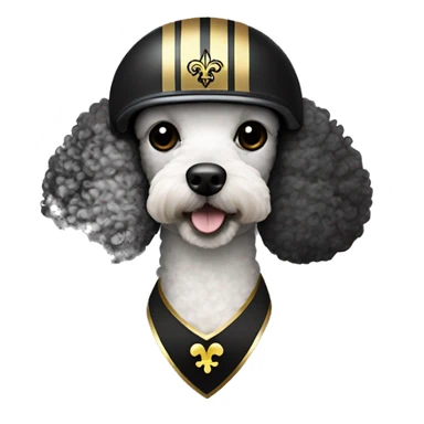 Poodle wearing a black football helmet with gold stripe and gold fleur de lis emblem sticker