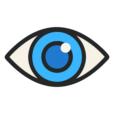 blue eyeball icon with black outlines, lineal color style, transparent background, hint of reflection sticker