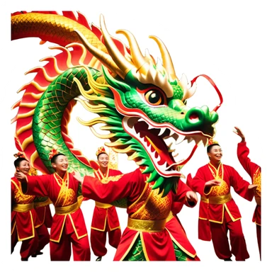Cinematic Realistic scene of a Chinese Dragon Dance featuring performers energetically holding a vibrant dragon model aloft, with intricately detailed scales and dynamic flowing costumes, illuminated by festive red and gold lighting that captures the spirit of celebration. sticker