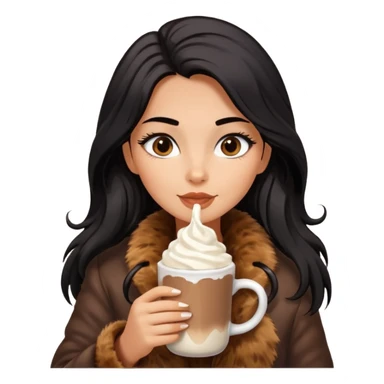 Tanned Girl with lashes , bright black long hair, in an extremely big fluffy brown fur mustang, and drinking hot chocolate drink sticker