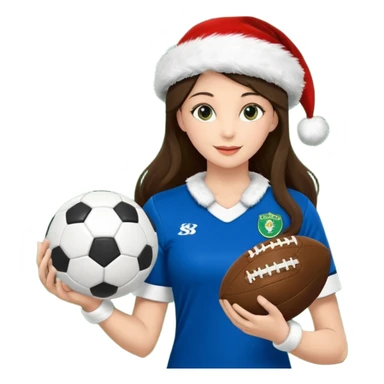 3 atletas, um homem no meio e duas mulheres com cores de pele diferentes, usando elementos esportivos, bola de futebol, luvas de luta e bola de vôlei. Coloque um chapéu de papai noel das cores verde e com uniforme azul e branco sticker