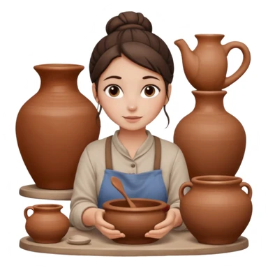 Brunette girl with a bun, behind the potter's wheel, wearing neutral clothing sticker
