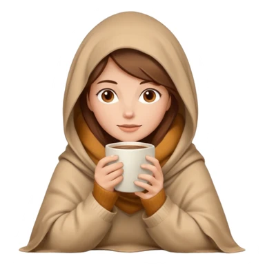brown hair woman sitting under beige blanket, with a blanket over his head, holding cup of coffee, autumn mood sticker