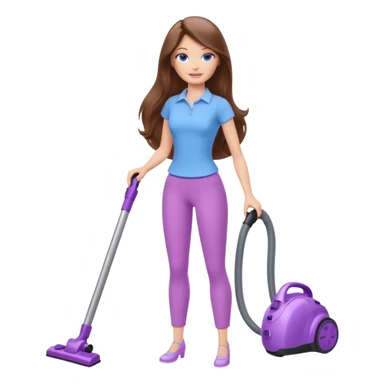 beautiful barbie girl with long brown hair, blue eyes and wearing light purple clothes, cleaning and vacuuming sticker
