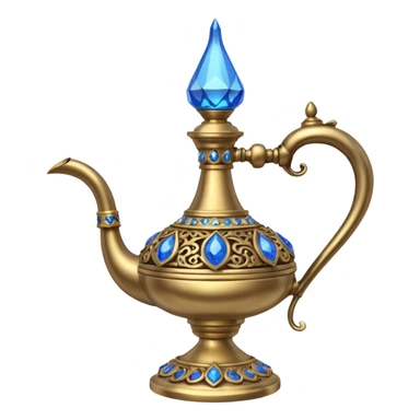 a genie lamp with blue gems and a DD carved sticker