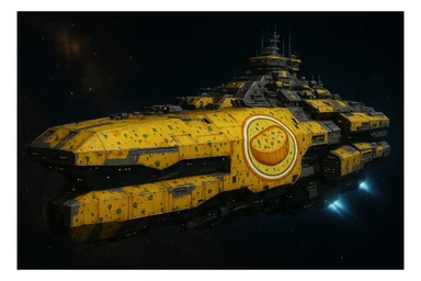 a massive cruiser size space supercarrier space ship, except it is decorated in a garlic bread insignia and paint scheme sticker