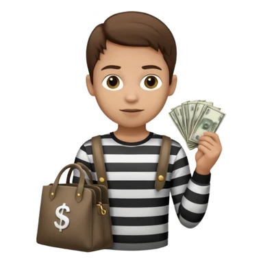 Un ladrón con camisa de rayas blancas y negras mirando hacia la frente con una bolsa de dinero  sticker